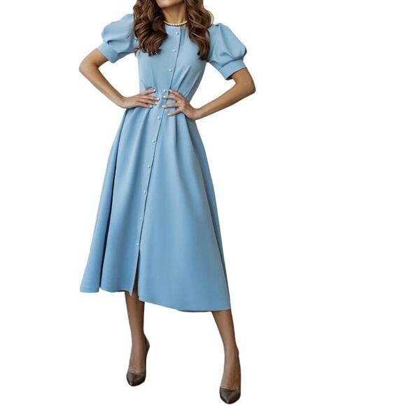 ELAGIA Dresses & Skirts - ELAGIA Sky-Blue Buttoned Puff-Sleeve Midi Dress Faux-Pearl Buttons - Large- NWT